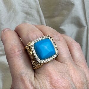 Gold Tone Costume Statement Ring Clear and Turquoise Rhinestones 8.25